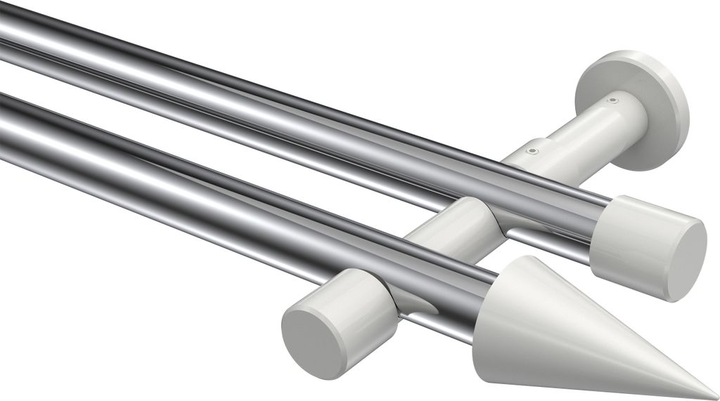 Interdeco Gardinenstange / Vorhangstange Chrom / Weiß, Typ Prestige Savio (Kegel) ohne Ringe, 20 mm Ø 2-läufig, 160 cm