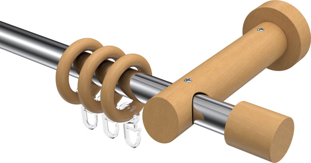 Interdeco Gardinenstange / Vorhangstange Chrom / Buche lackiert, Typ Talena Feta (Kappe), 20 mm Ø 1-läufig, 320 cm