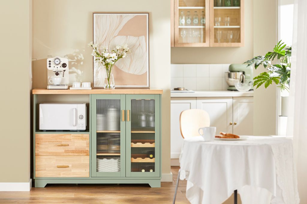 Credenza Buffet Con Ante In Rattan - Armadio A 2 Ante Per Cucina, Sala Da Pranzo, Corridoio - Stile Consolle, Colore Nero