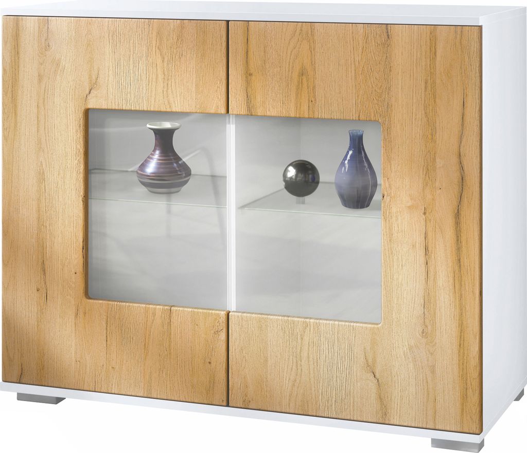 Vladon Kommode Grömitz V3, Moderner Küchenschrank mit 2 großen Glastüren inkl. RGB Beleuchtung Weiß matt / Eiche Natur (92,5 x 75.5 x 35)