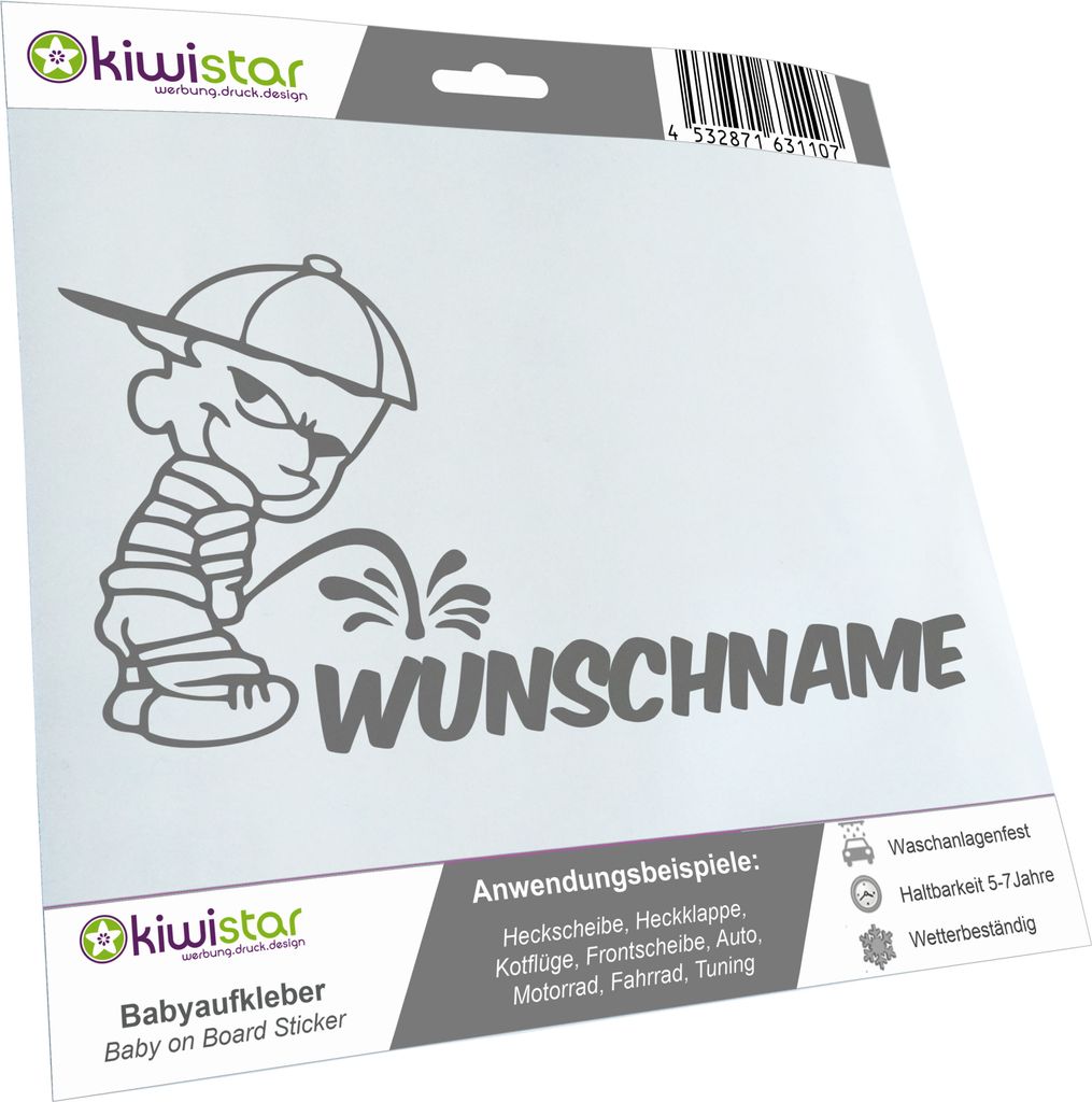 Kiwistar - Autoaufkleber - Piss on Wunschname - mit Basecap - 40 cm - grau - Pissmännchen - Aufkleber für Auto, Laptop, Fahrrad, LKW, Motorrad Me...