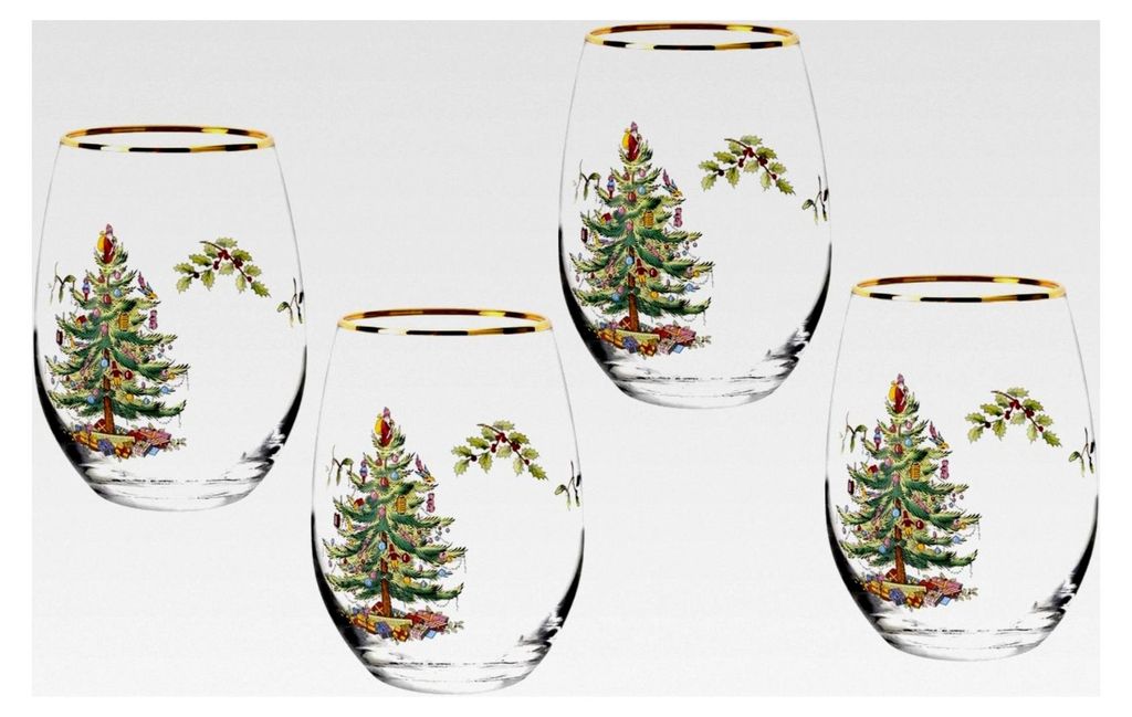 Weihnachtsbaum-Glaswaren – Set mit 4 – aus Glas – Goldrand – klassisches Trinkgeschirr – Geschenk für Weihnachten, Feiertage oder Hochze...