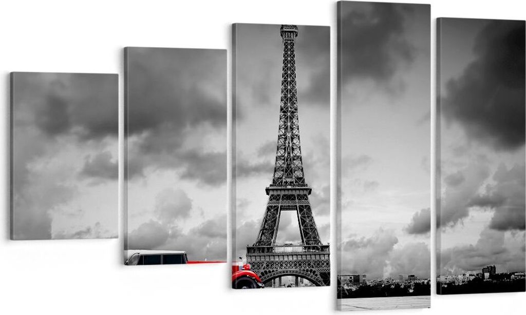 Bild auf Leinwand - Leinwandbild - Auto Eiffle Paris Stadt - 100x60cm - Wand Bild - Wanddeko - Leinwanddruck - Bilder - Kunstdruck - Wanddekoration...