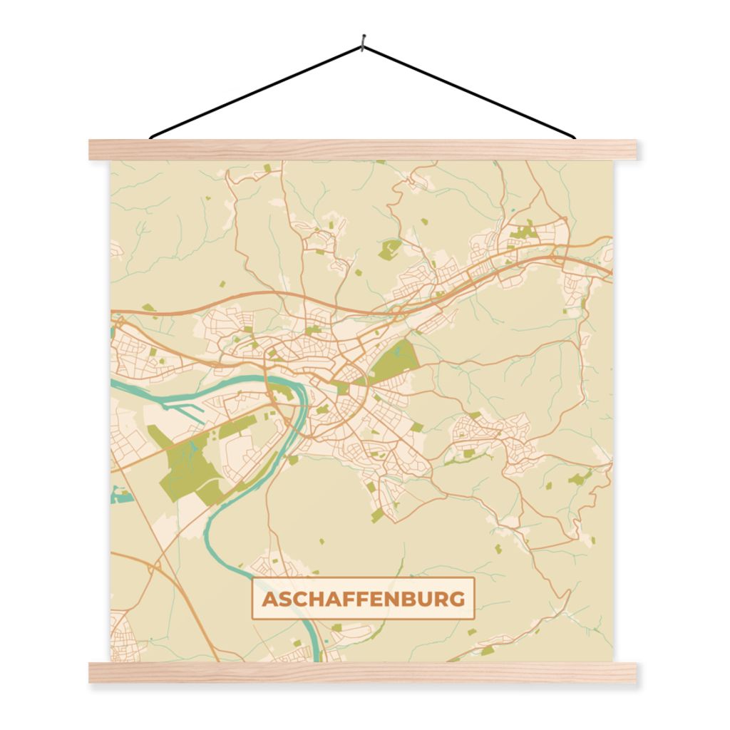 MuchoWow Textilposter Karte - Jahrgang - Aschaffenburg - Karte 40x40 cm mit holzfarbenen Rahmen - Posterleiste
