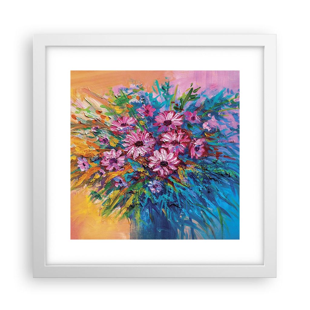 Gerahmtes Poster - Weißer Rahmen - Blumenstrauß Blumen Öl - 30x30 cm - Wand Bild - Wanddeko - Wandbilder - Kunstposter - Wandposter - Bilderrahm...