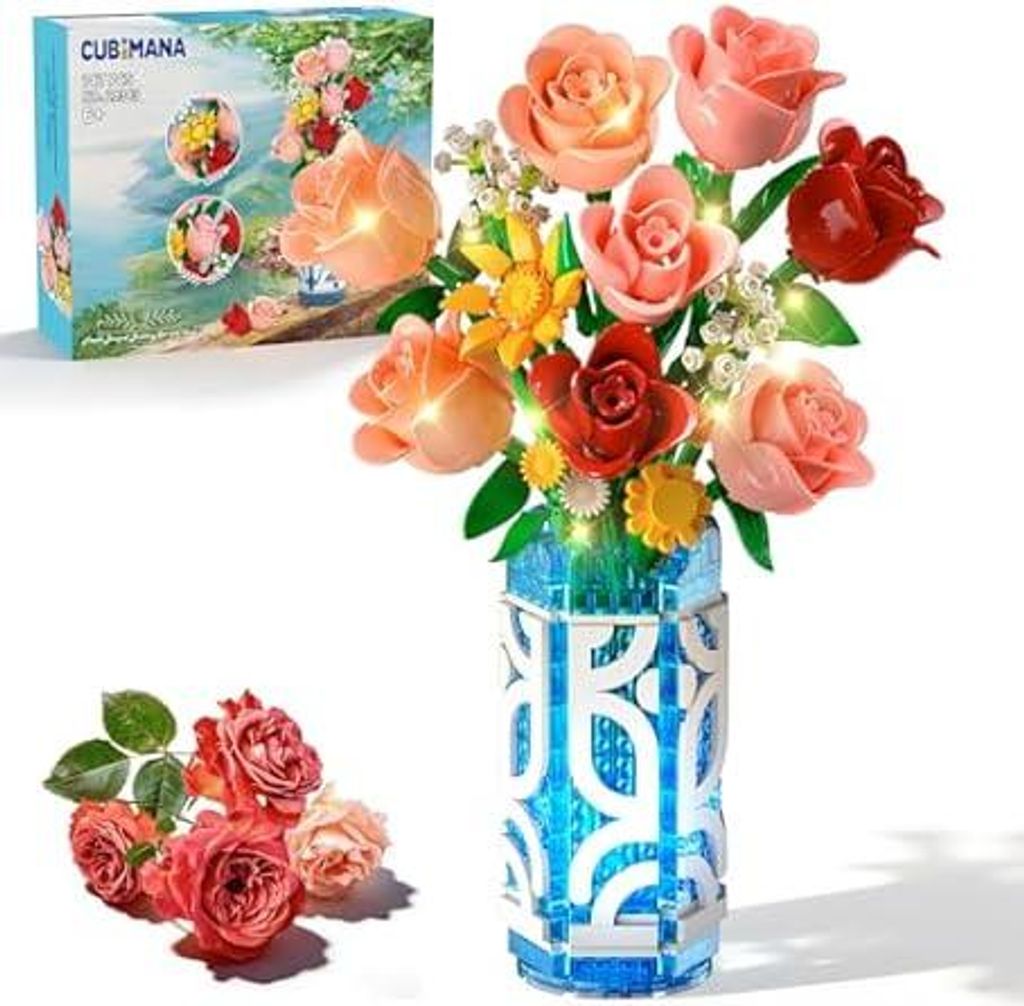 Blumenstrauß-Bausatz mit Vase und LED-Licht, 747pcs Mini-Rosen-Blumen-Bausteinspielzeug, Geschenke zum Valentinstag für Sie und Ihn, DIY-Kunstblu...