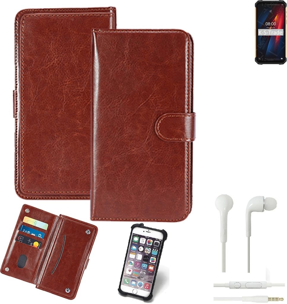 K-S-Trade 360° Hülle kompatibel mit Ulefone Armor 8 inkl. Headphones braun Kunstleder Case BookCase WalletCase Kunstlederederhülle Handyhülle,