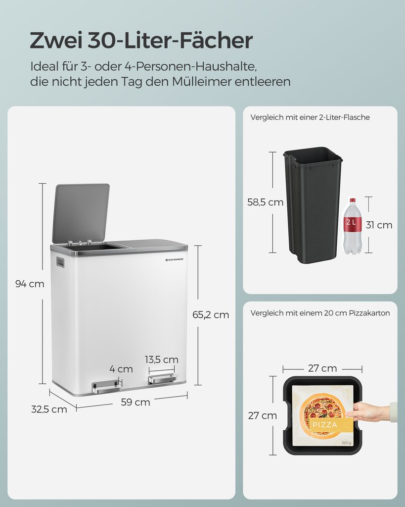 SONGMICS Mülltrenner 2 x 30,0 l weiß Produktbild 4