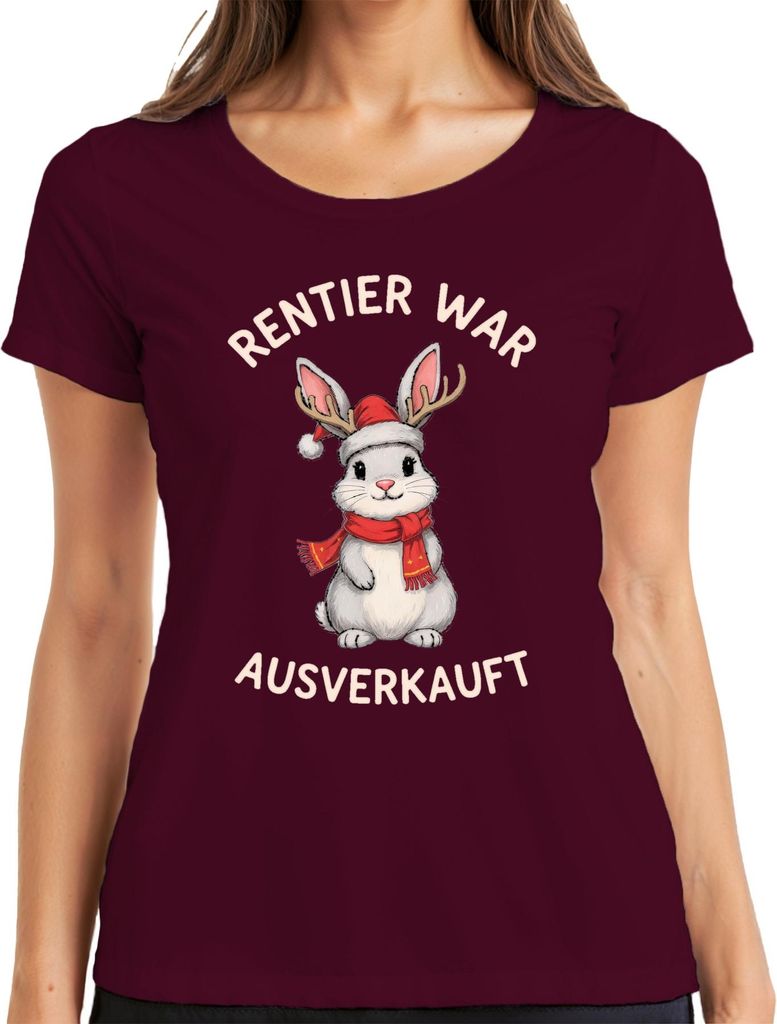 Rentier war t Hase Weihnachten lustig Geschenk Geweih Damen T-Shirt, Burgundy, L