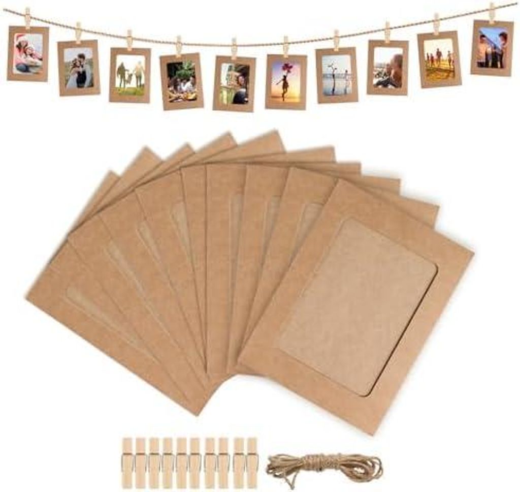 10 Stück Fotogirlande Fotoleine mit Klammern DIY Kraftpapier Bilderrahmen 11.5x15.5 cm Hängende Wanddekoration Fotorahmen aus Pappe für Geburtst...