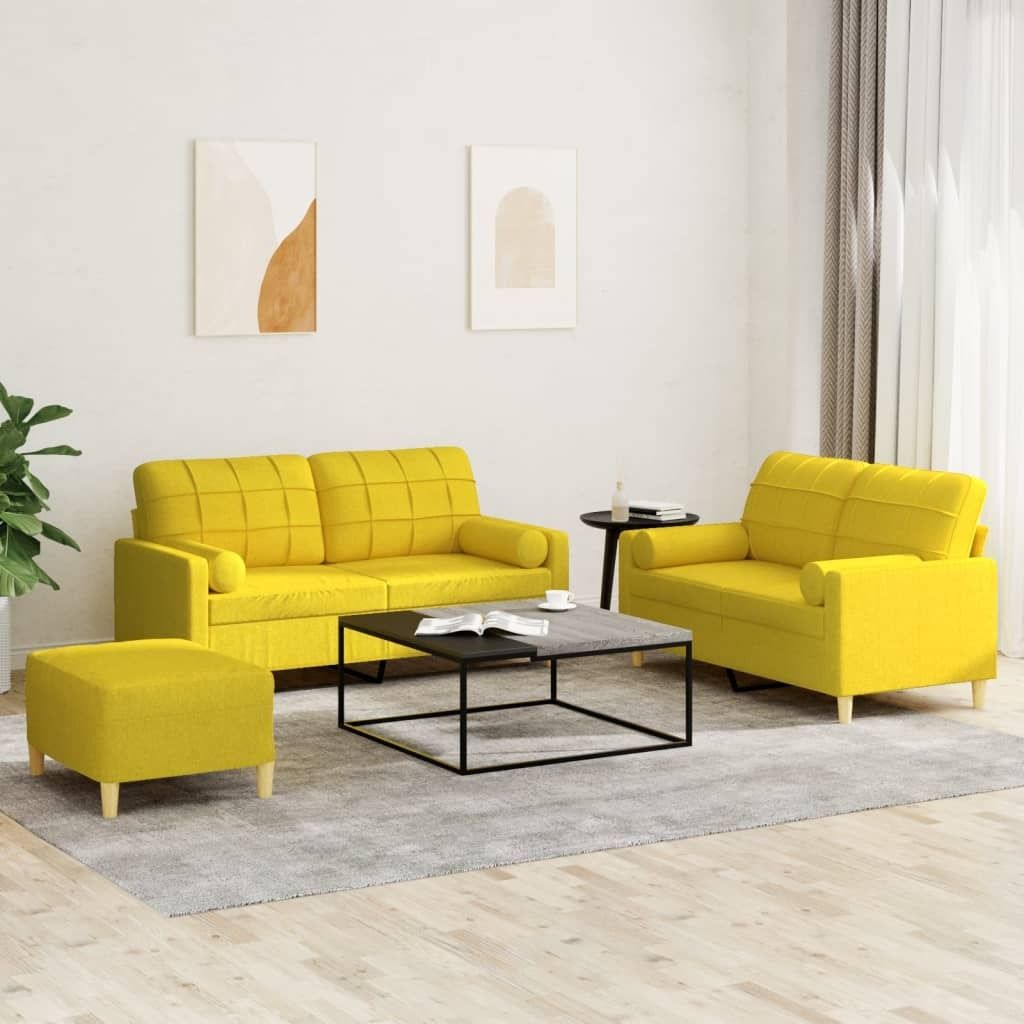 "2026 Promotion" 3-tlg. Sofagarnitur - Wohnzimmer Sofa - Couch - mit Kissen Hellgelb Stoff - Klassische Sofas C171