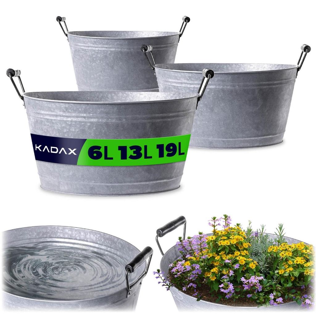 KADAX Zinkwanne Set in 3 Größen: 19L, 13L & 6L, Pflanzwanne aus verzinktem Stahl, Getränkewanne, ideal als Gartenteich, Pflanzkübel & Getränke...
