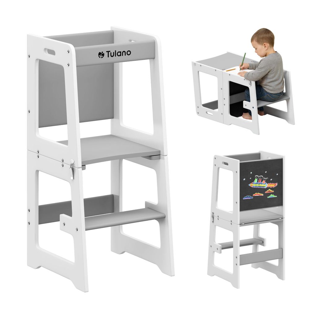 Tulano Mooby 35 Lernturm für Kinder – 3in1 Küchenhelfer, Tisch mit Stuhl, Maltafel – höhenverstellbar, sicher & tragbar, bis 60 kg
