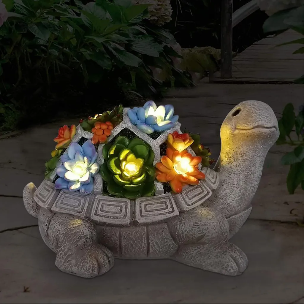 Statue de tortue décorative solaire LED et plantes grasses pour extérieur