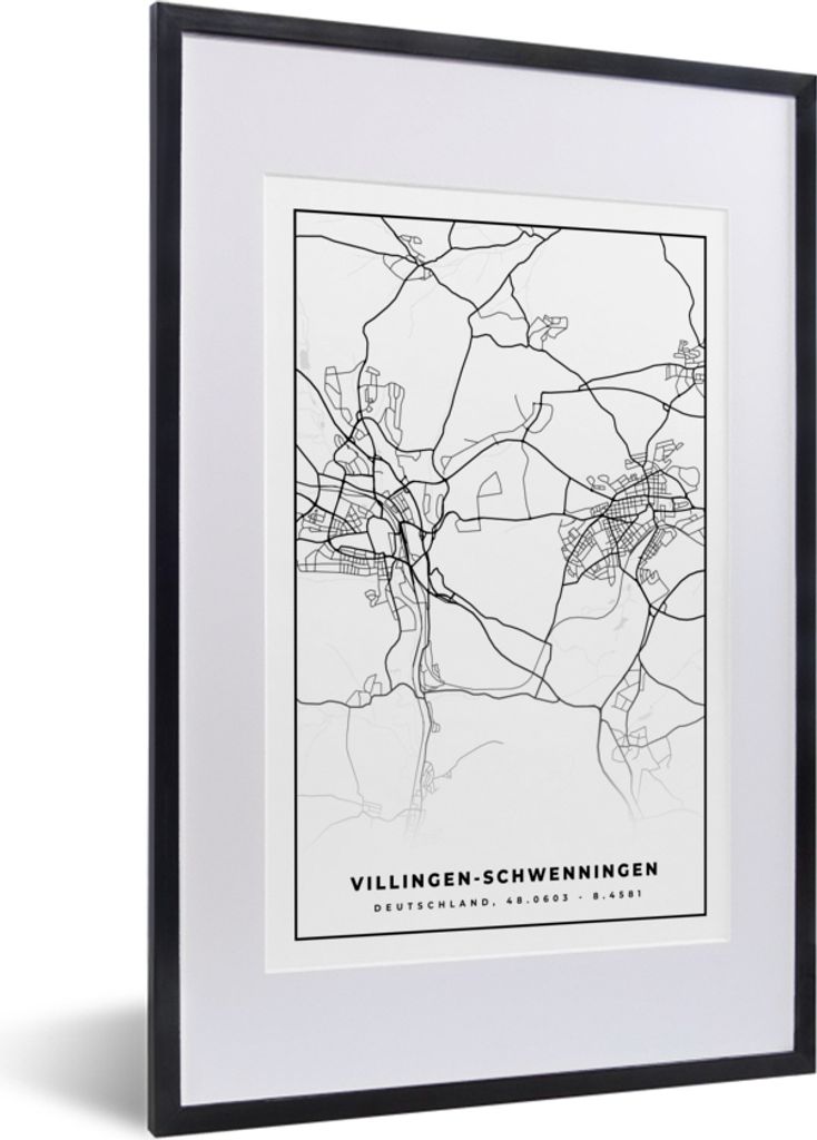 MuchoWow Gerahmtes Poster Karte - Villingen-Schwenningen - Karte - Stadtplan 40x60 cm - Poster mit Schwarzem Bilderrahmen Wandposter Rahmen Foto ...