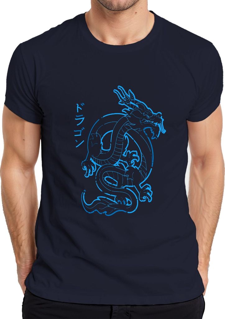 Japanischer Drache Neon Blau Katakana ドラゴン Cyberpunk Yakuza Retro Herren T-Shirt, Navy, S