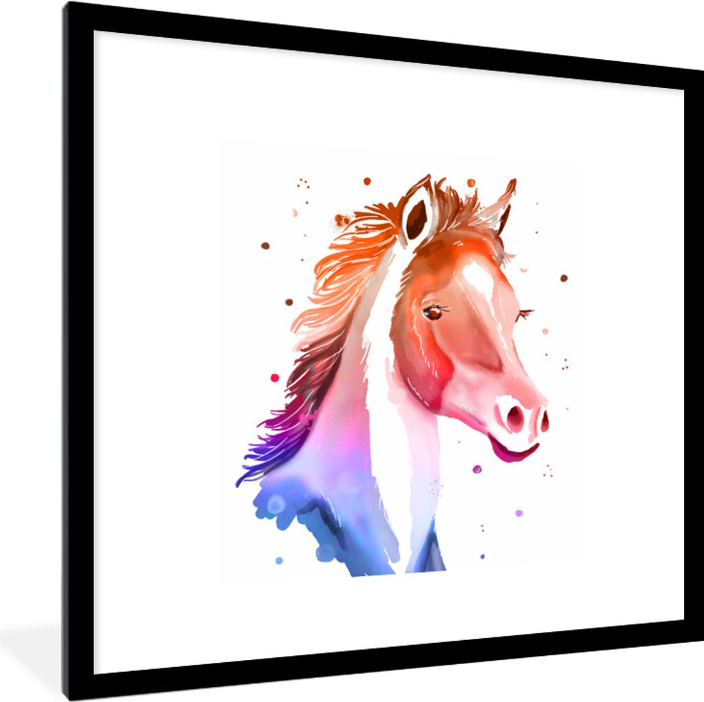 MuchoWow MuchoWow Gerahmtes Poster Pferd - Orange - Rosa - Mädchen - Kinder - Mädchen 40x40 cm - Poster mit zchwarzem Bilderrahmen - Poster -...