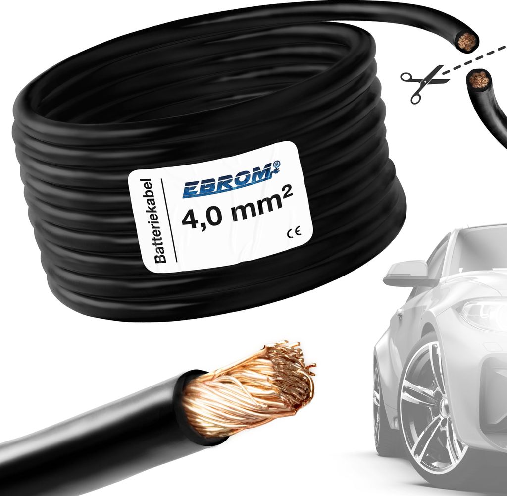 EBROM - FLY Fahrzeugleitung - KFZ Leitung – Batteriekabel SCHWARZ – Querschnitt 4 mm2 - Meterware – flexibel 90 ± 5 Shore - 99,9 % OFC Kupfe...