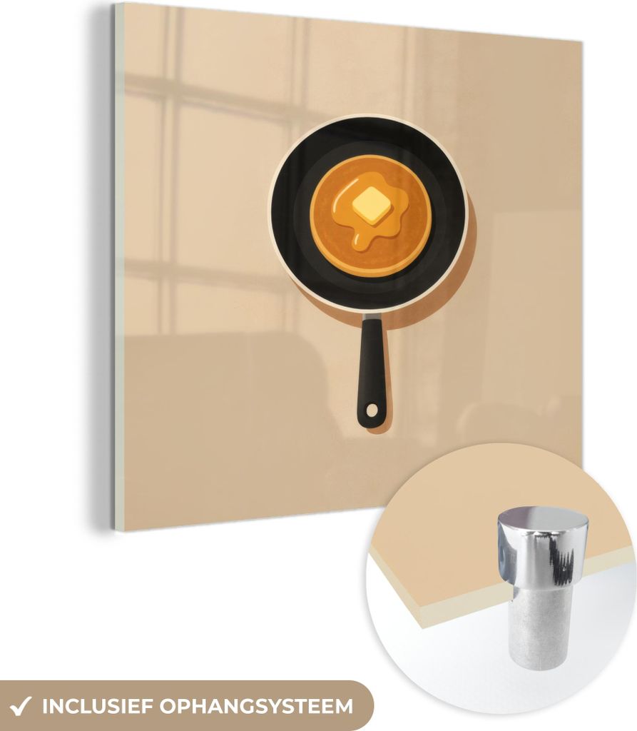 MuchoWow Glasbilder - Bilder auf Wandbild - Foto auf Glas Pfannkuchen - Bratpfanne - Butter - Minimalistisch 40x40 cm Wanddekoration aus Glas - Acr...