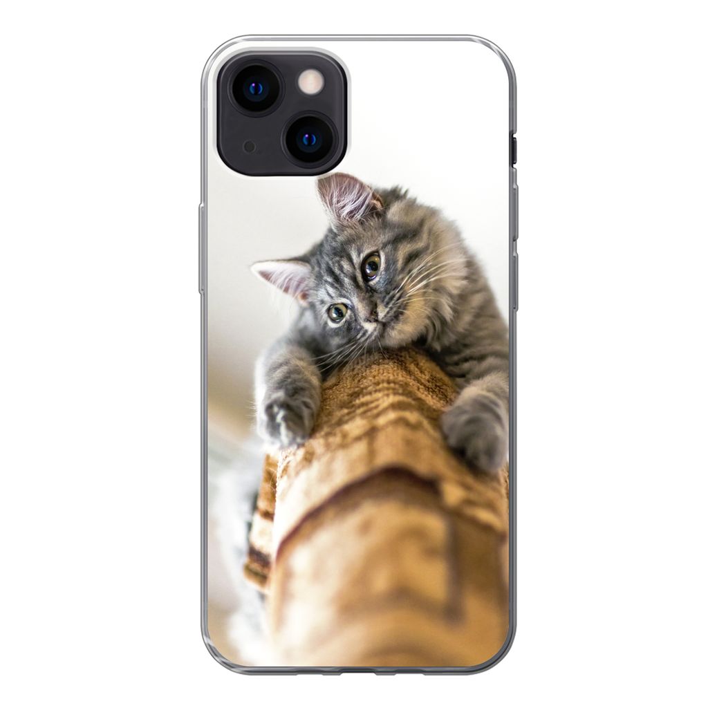 MuchoWow Handyhülle Schutzhülle Hülle für iPhone 13 Katze - Kratzbaum - Grau Silikon Softcase Handy Hülle - Karteninhaber