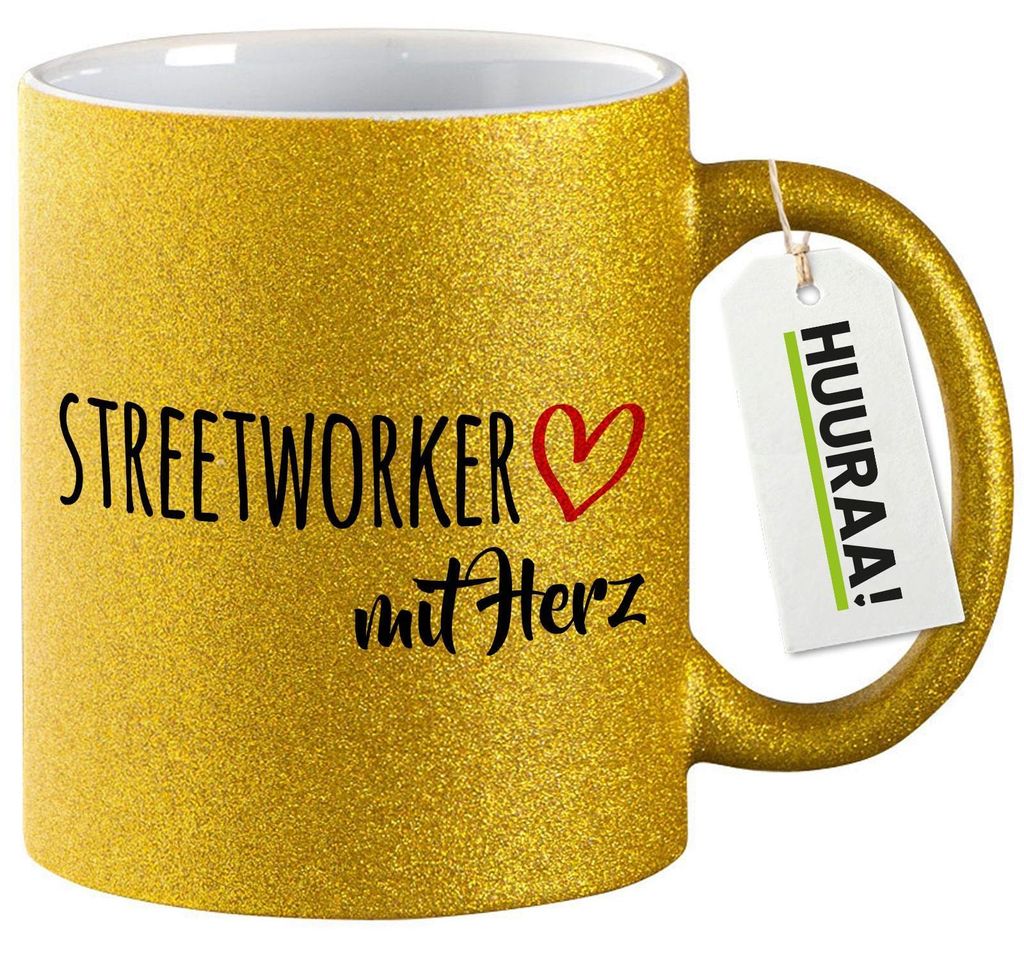 Huuraa Glitzertasse Streetworker mit Herz 330ml Gold Keramik Kaffeebecher Geschenkidee