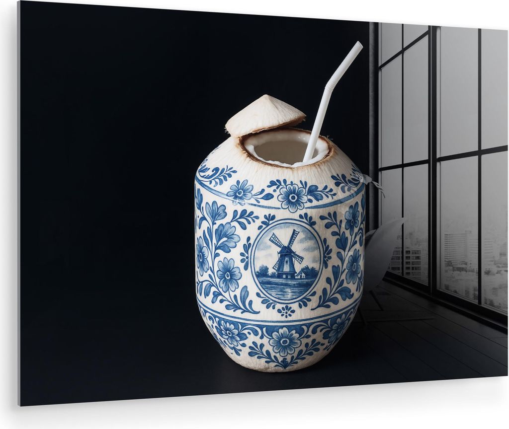 MuchoWow Glasbilder - Bilder auf Wandbild - Foto auf Glas Kokosnuss - Lebensmittel - Delfter Blau - Getränk 30x20 cm Wanddekoration aus Glas - Acr...