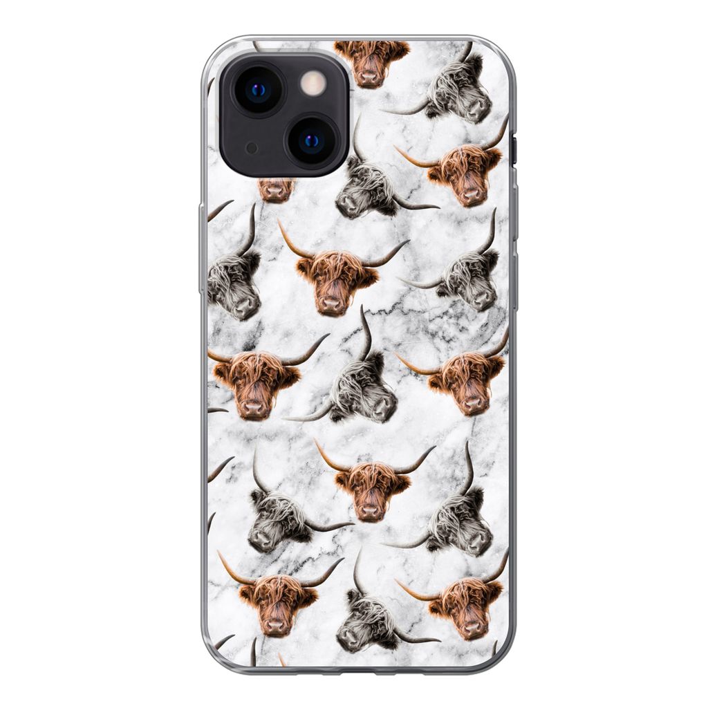 MuchoWow Handyhülle Schutzhülle Hülle für iPhone 13 mini Schottischer Highlander - Kuh - Marmor Silikon Softcase Handy Hülle - Softcase