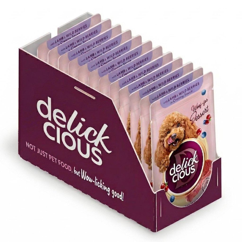 DELICKCIOUS Ergänzungsfuttermittel für ausgewachsene Hunde, Nassfutter mit Lamm und Waldbeeren in cremiger Sauce –12x80g