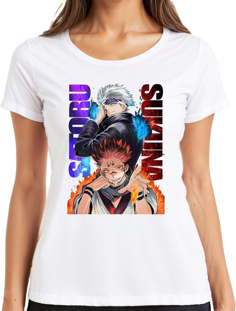 Jujutsu Kaisen Gojo Satoru Sukuna Flammen Augenbinde Geschenk Damen T-Shirt, Weiß, S