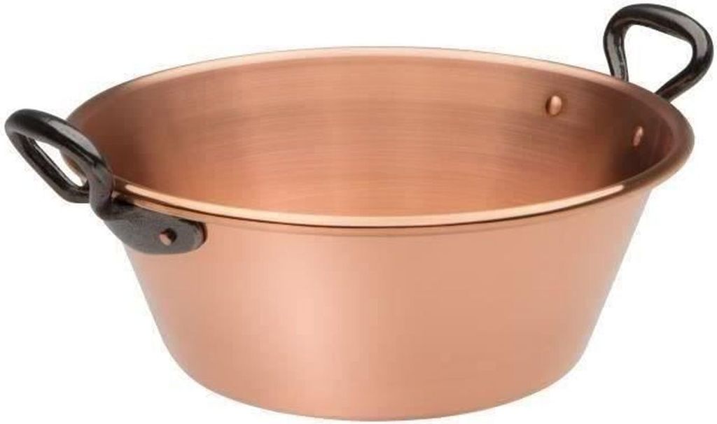 A copper pot with black handles against a white background.