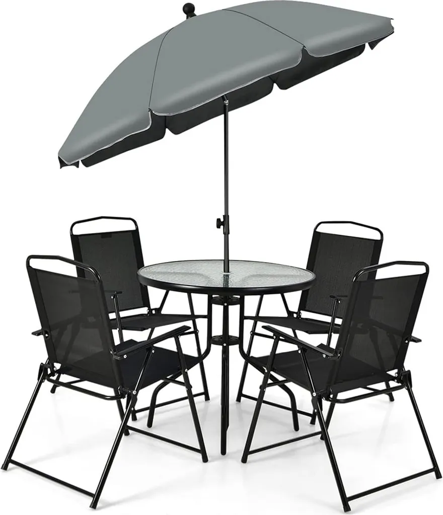Salon de jardin résistant 6 pièces avec table en verre et parasol