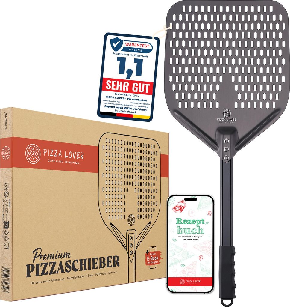 PizzaLover Pizzaschaufel Premium - Perforierter Pizzaschieber aus Harteloxiertem Aluminium mit rutschfester Griff – 30x70 cm – Ideal für Pizza...