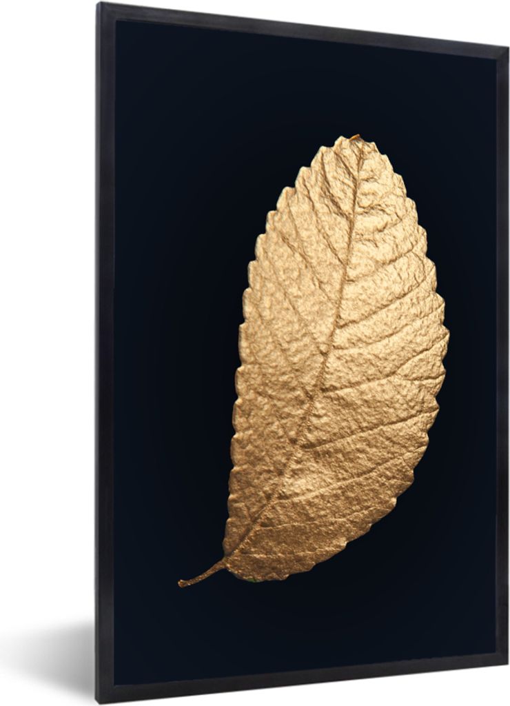 MuchoWow MuchoWow Gerahmtes Poster Blatt - Baum - Schwarz und Gold 60x90 cm - Poster mit zchwarzem Bilderrahmen - Kunst