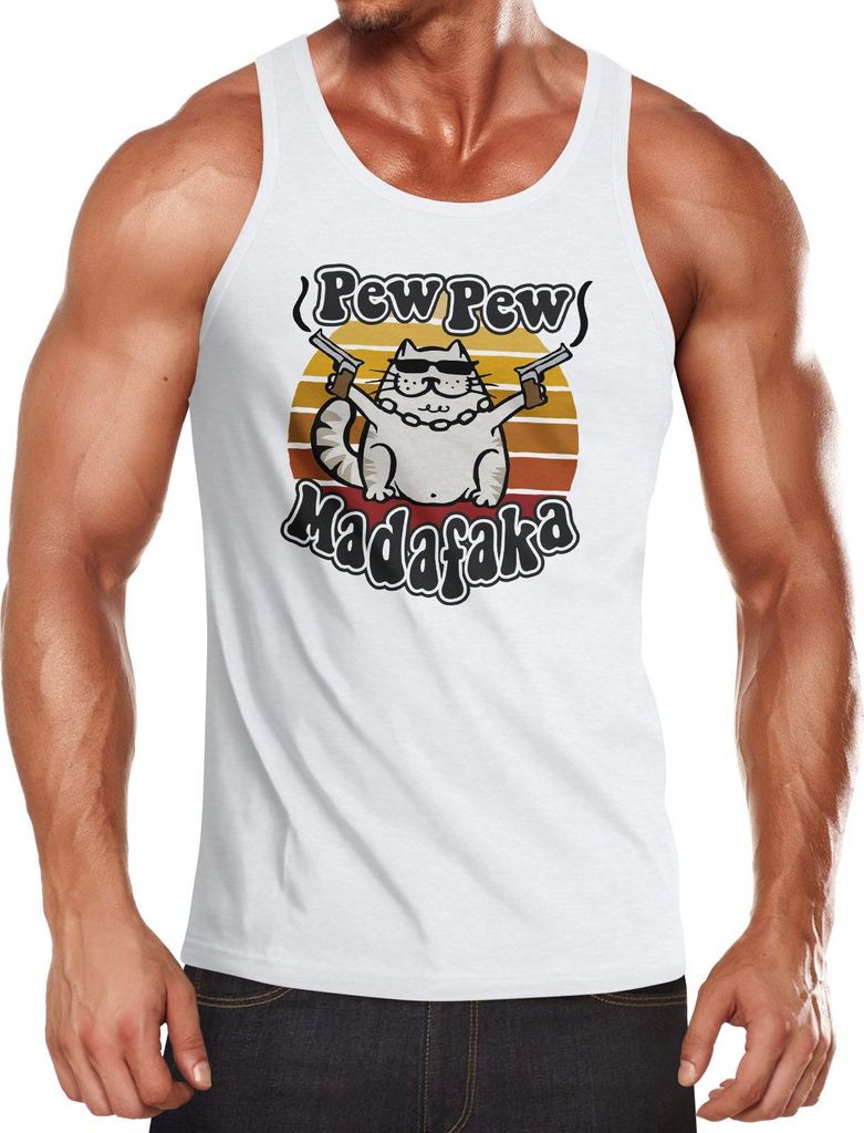 Herren Tanktop Pew Pew Madafaka Katze Crazy Cat Gangsta Kitty Meme Trend Spruch Muskelshirt Moonworks weiß 3XL