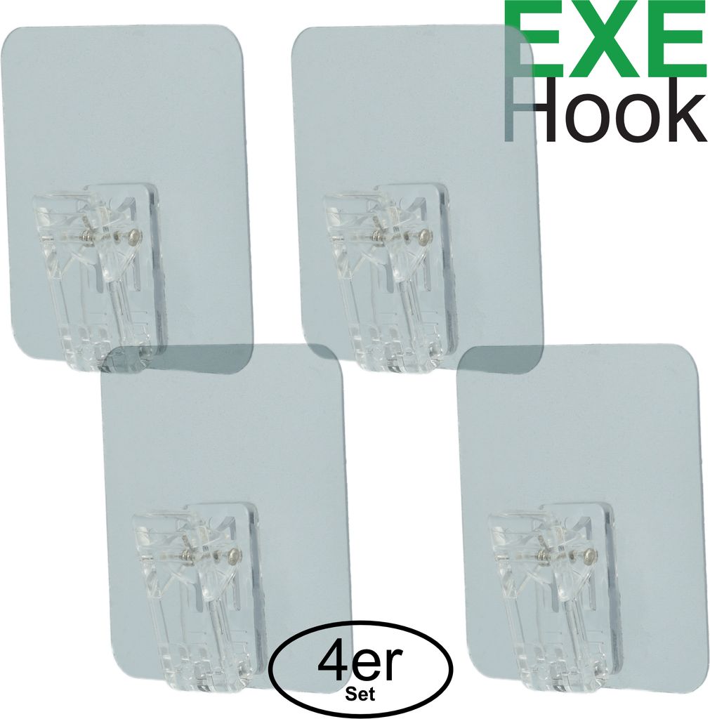 A collage of four clear adhesive hooks, each attached to a light gray square backing.