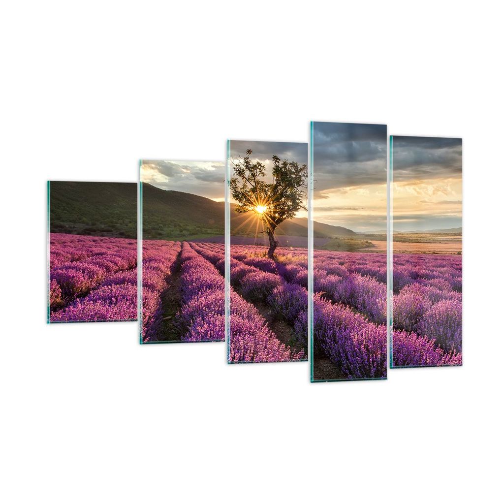 Bilder auf glas - Lavendel Berge Feld - 100x60cm - Glasbilder - Wandbilder - Kunstdruck - zum Aufhängen bereit - Wanddekoration aus Glas - Glas Bi...