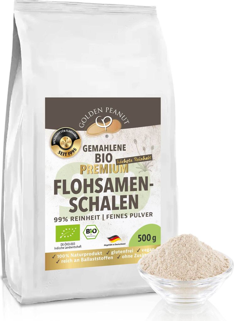 BIO Flohsamenschalen Pulver 99%, fein gemahlen 500g Beutel, extra weiß, keimreduziert, aus frischer Ernte