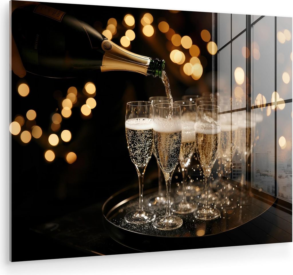 MuchoWow Glasbilder - Bilder auf Wandbild - Foto auf Glas Lichter - Champagner - Tablett - Gläser 40x30 cm Wanddekoration aus Glas - Acrylglasbild...