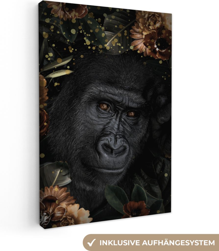 OneMillionCanvasses - Leinwandbilder - 90x140 cm, Gorilla - Pflanzen - Gold, Wandbilder Kunstdruck Wanddekoration - Wandschmucke - Schlafzimmer