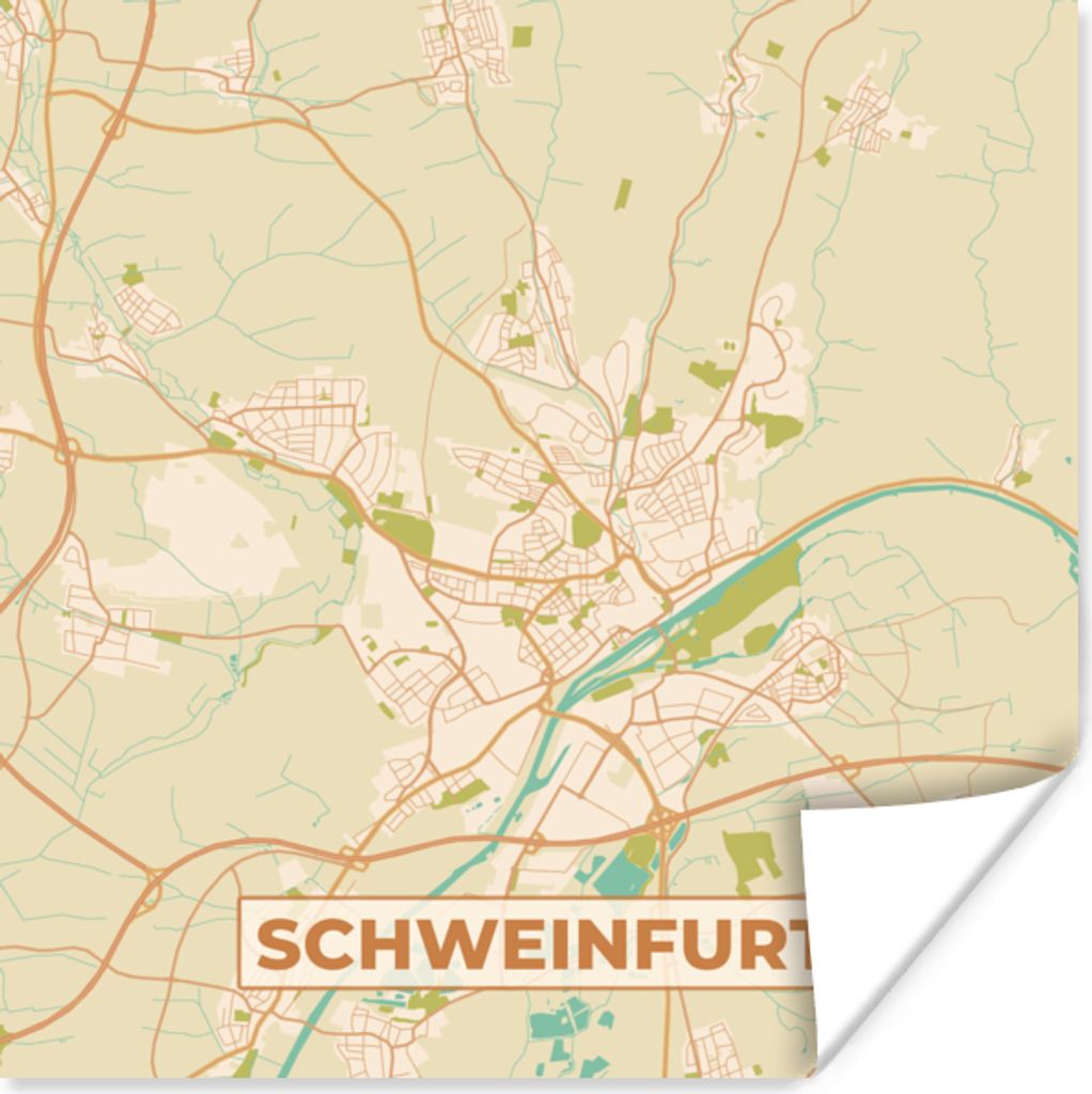 MuchoWow Poster Stadtplan - Schweinfurt - Stadtplan - Vintage 100x100 cm - Babyzimmer