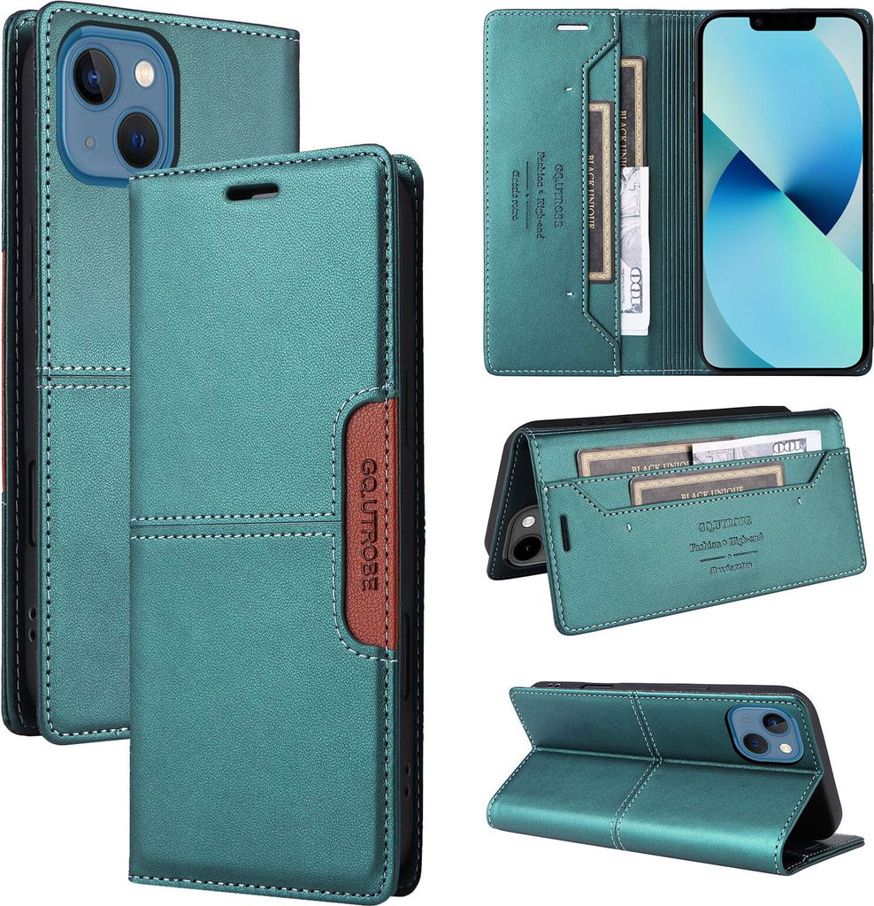 Handyhülle für iPhone 15 Hülle, Leder Flip Wallet Kartenfach Stand Schutzhülle Grün