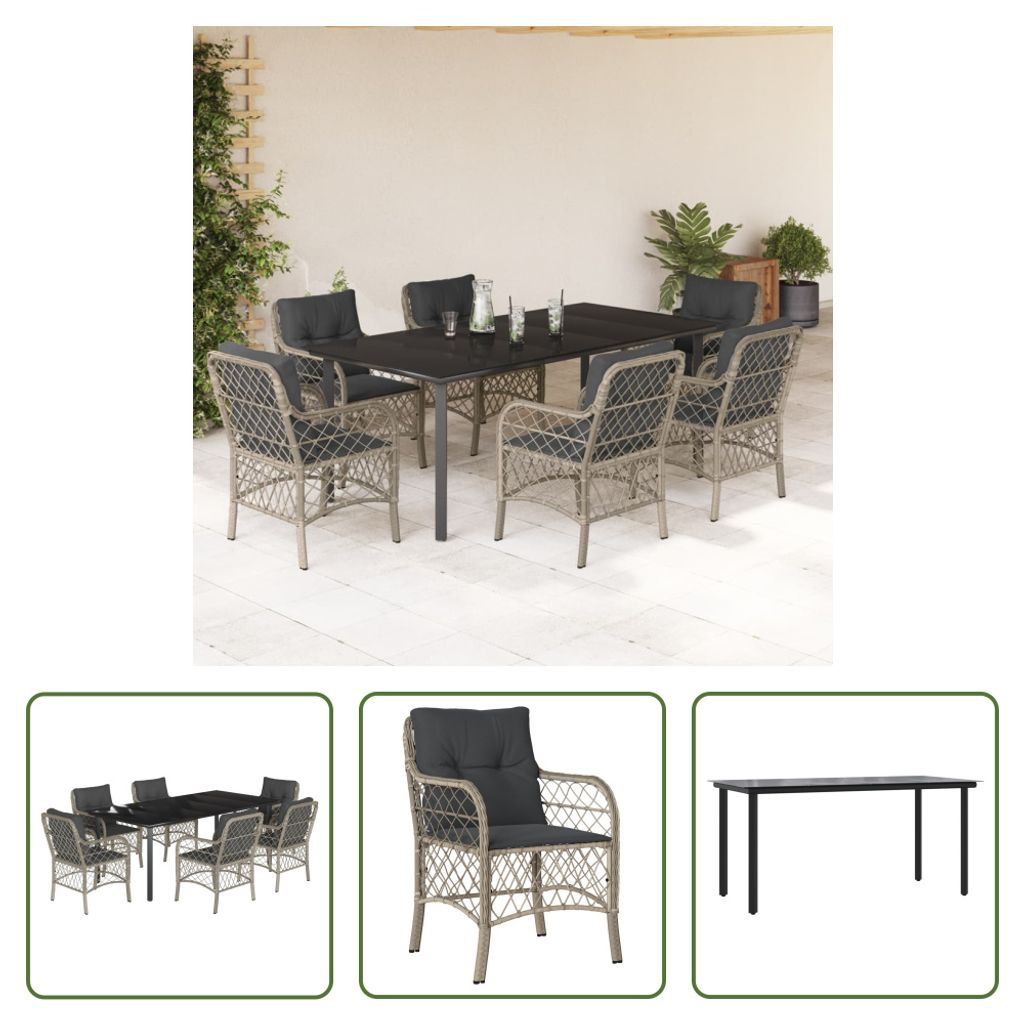 The Living Store 7-tlg. Garten-Essgruppe mit Kissen Hellgrau Poly Rattan