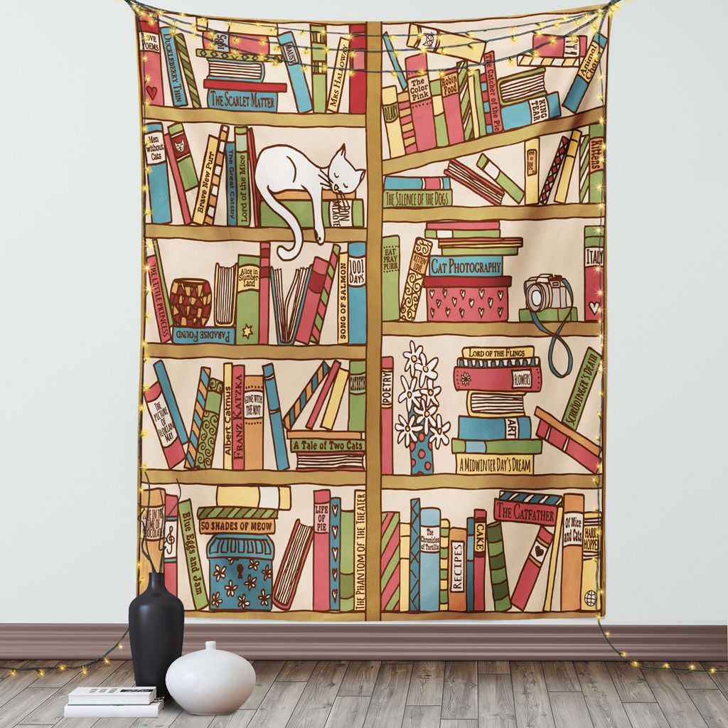 ABAKUHAUS Katze Wandteppich, Kitty Bücherregal in Bibliothek Gemütlichkeit Bücher Cartoon Skizze Illustration, Wohnzimmer Schlafzimmer Seidiger ...