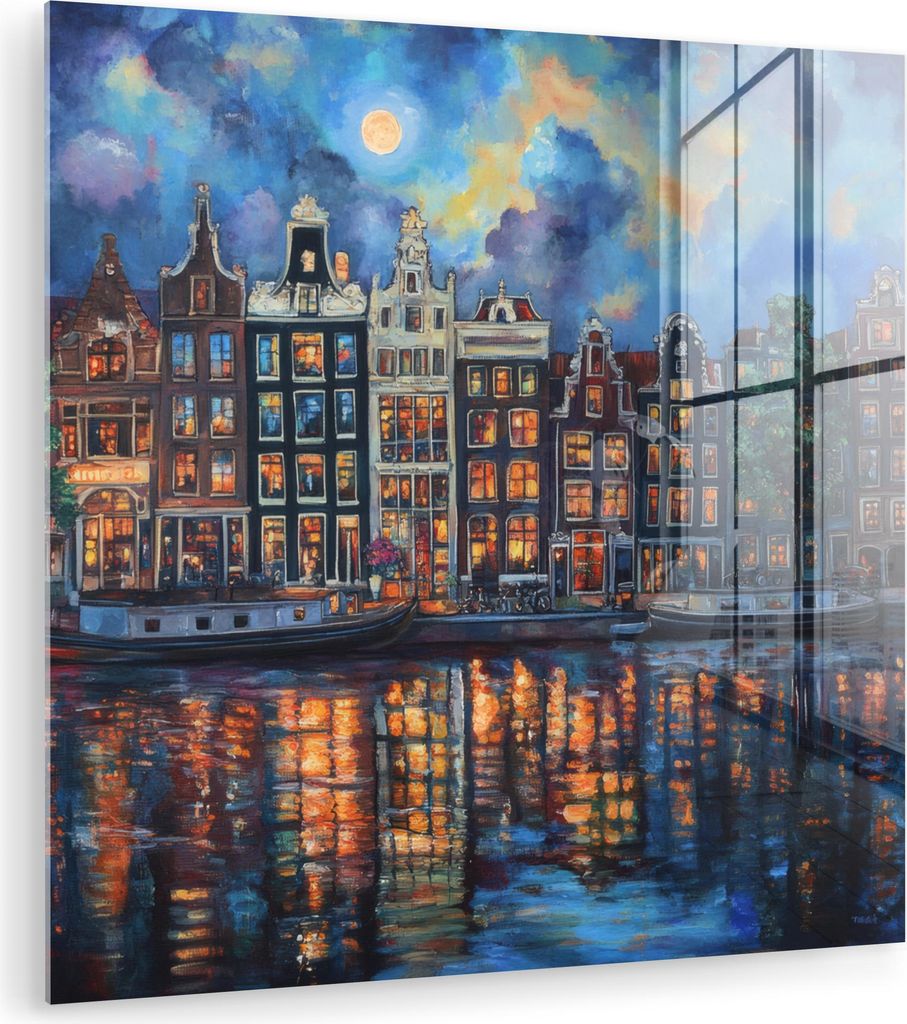MuchoWow Glasbilder - Bilder auf Wandbild - Foto auf Glas Grachten Amsterdam - Häuser - Stadt - Farbenfroh 90x90 cm Wanddekoration aus Glas - Acry...