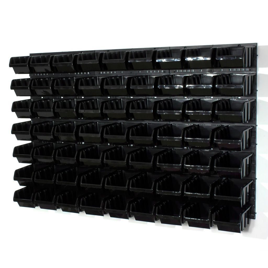 63 Stapelboxen mit Wandregal 120 x 80 cm | lager wandplatten lagerregal