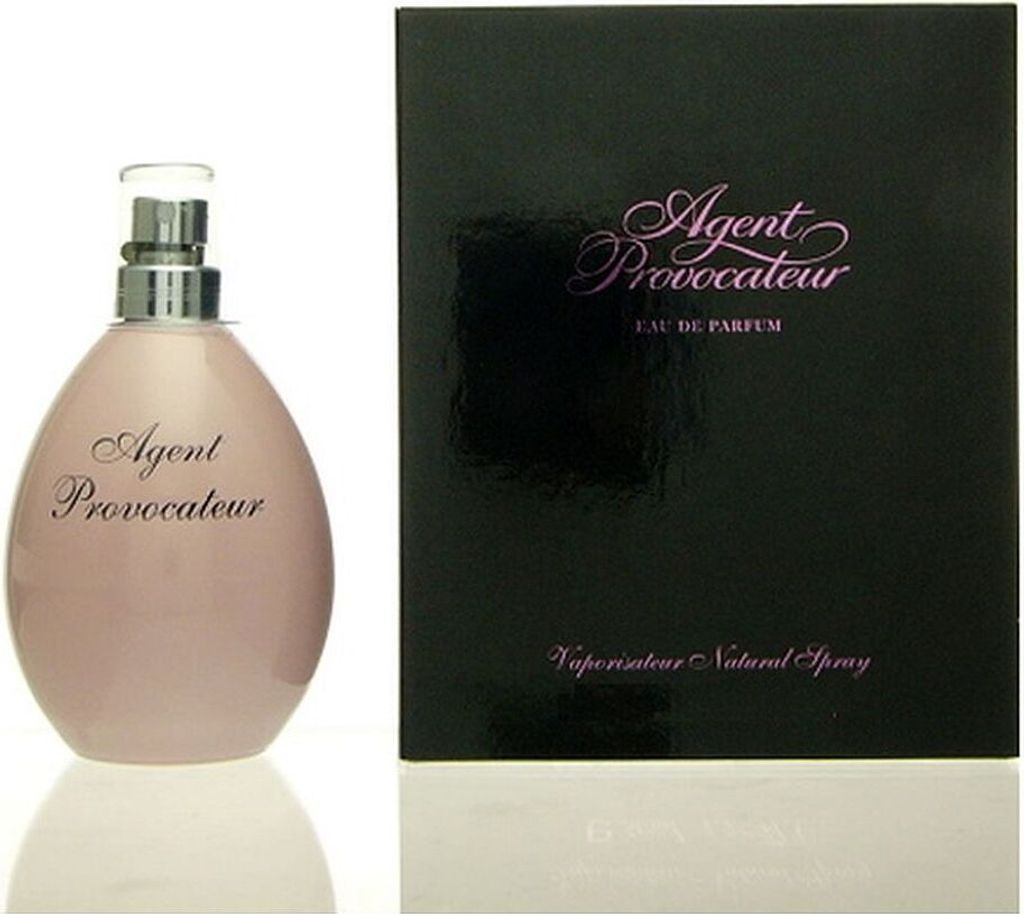 A bottle of Agent Provocateur perfume and its packaging are displayed against a white background.