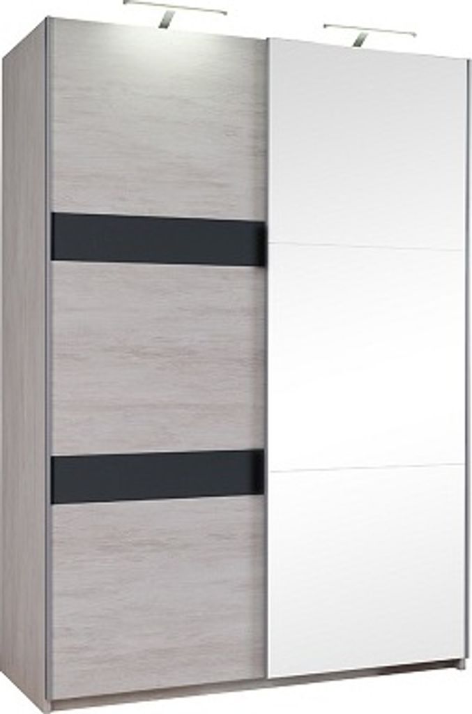 Furmeb24 - DENVER 2-triger Schwebeschrank mit Spiegel, Kleiderschrank (Eiche wei / Graphit gl€nzend+Spiegel) - Inclusive LED