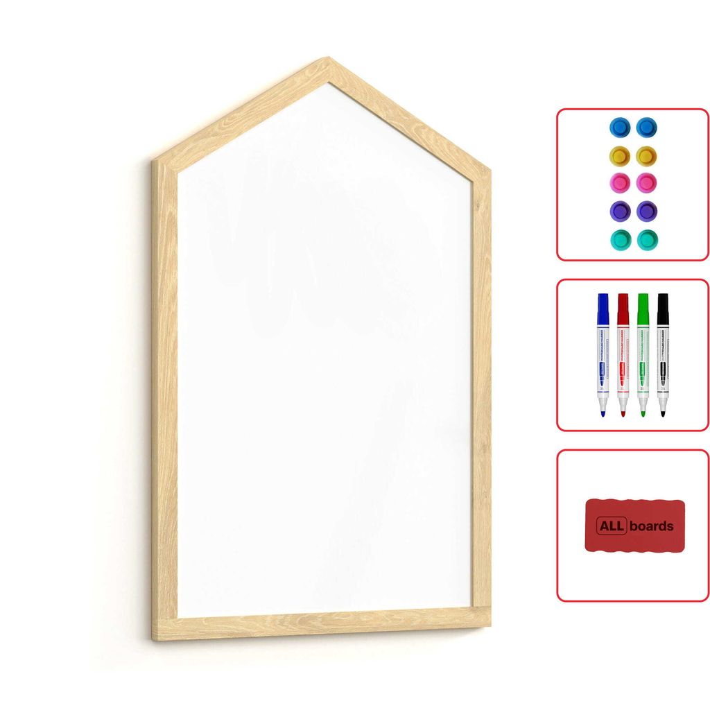 A house-shaped whiteboard with a wooden frame, shown with accessories like magnets and markers.