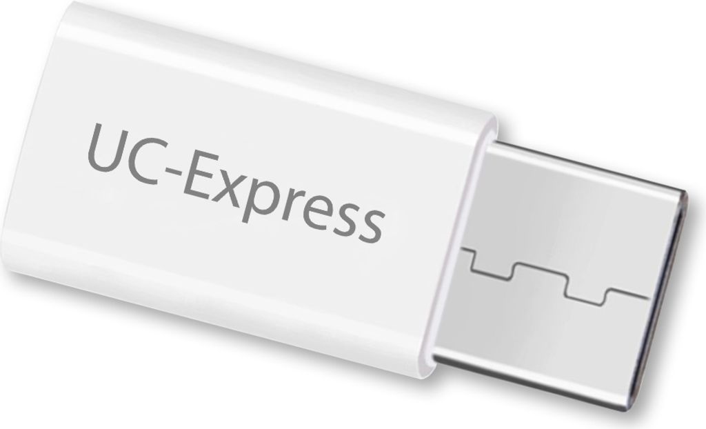 A white USB-C adapter with the text "UC-Express" printed on it, shown against a white background.