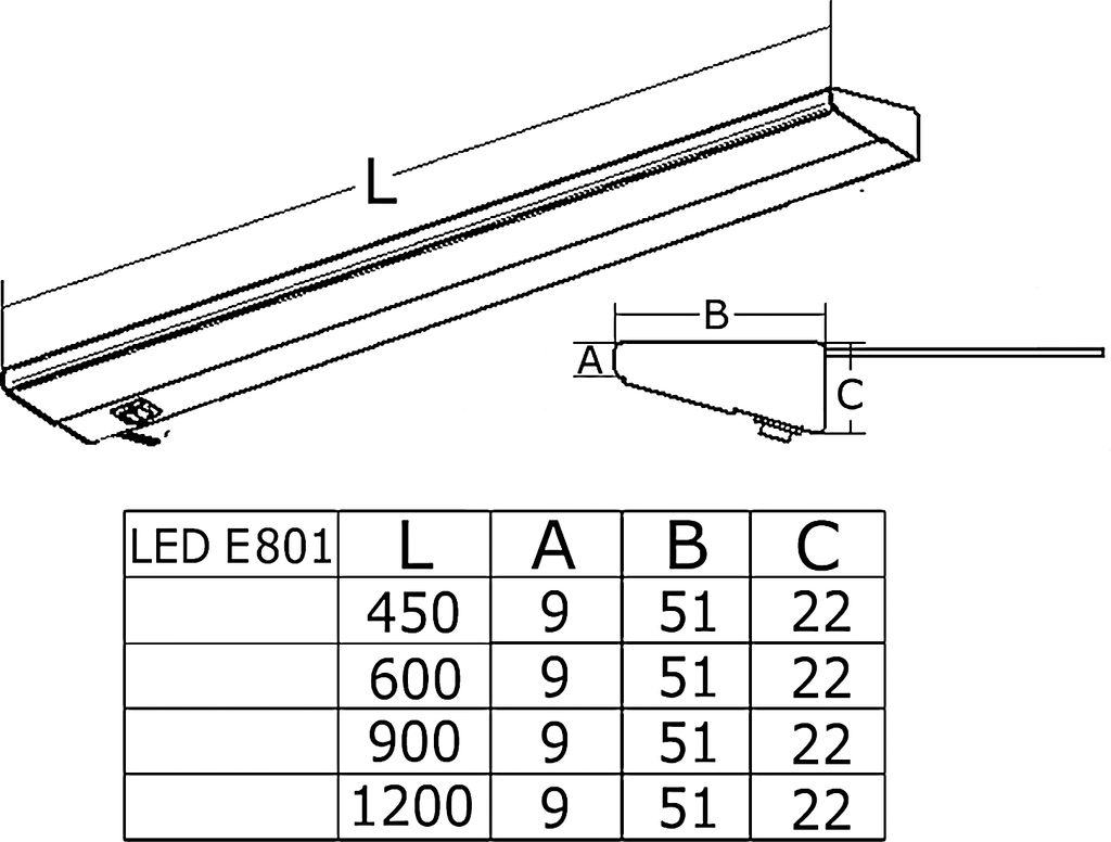 THEBO LED E 801 Unterbau Einzelleuchte 3000 K in SCHWARZ - Länge 600 mm